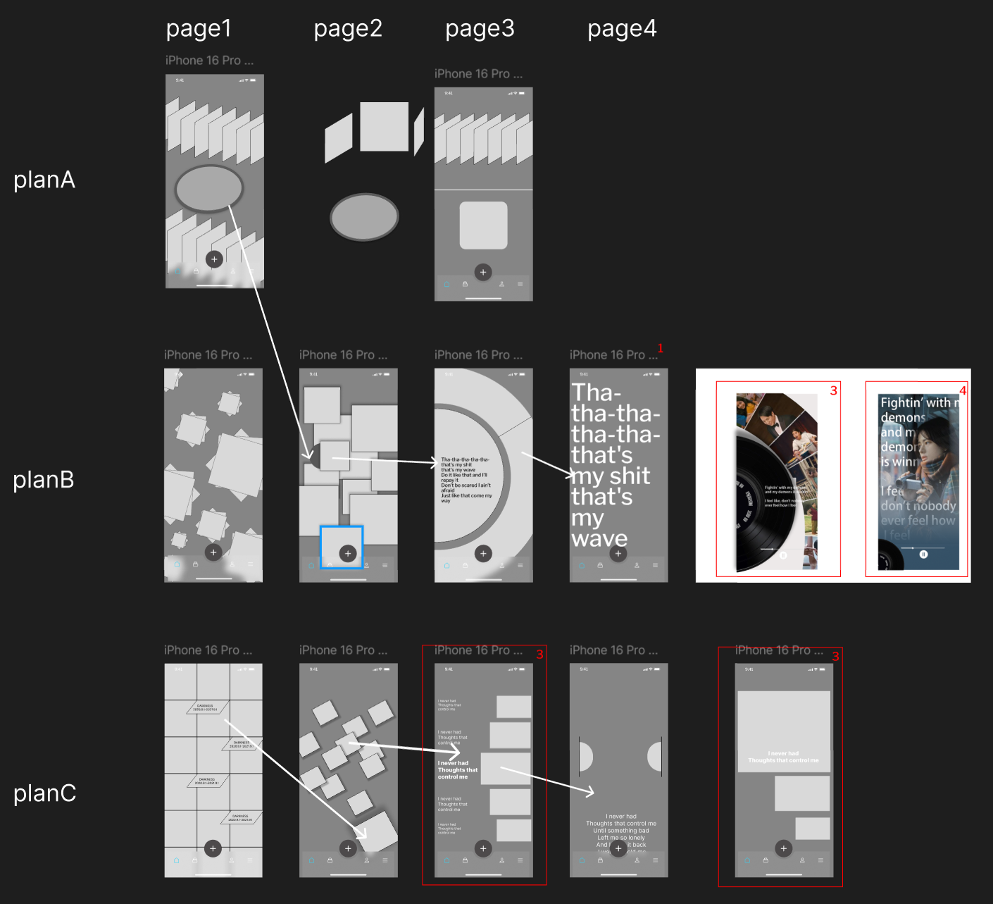 Early interface brainstorm showing Plans A to C