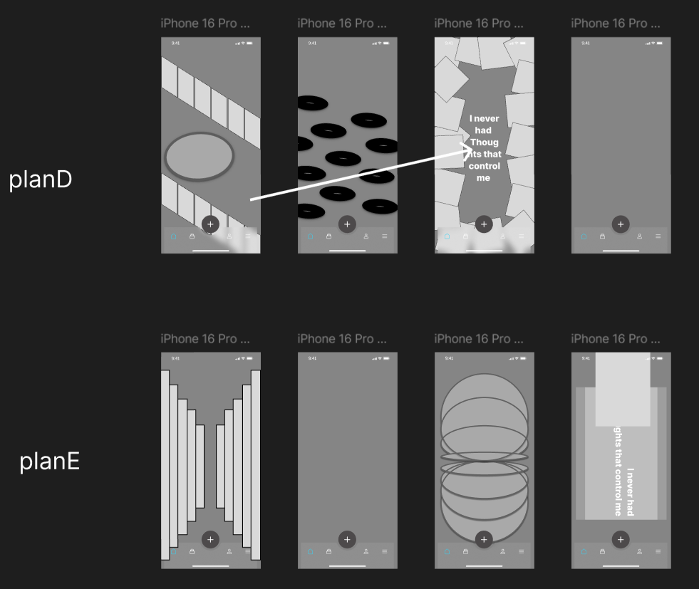 Early interface brainstorm showing Plans D and E