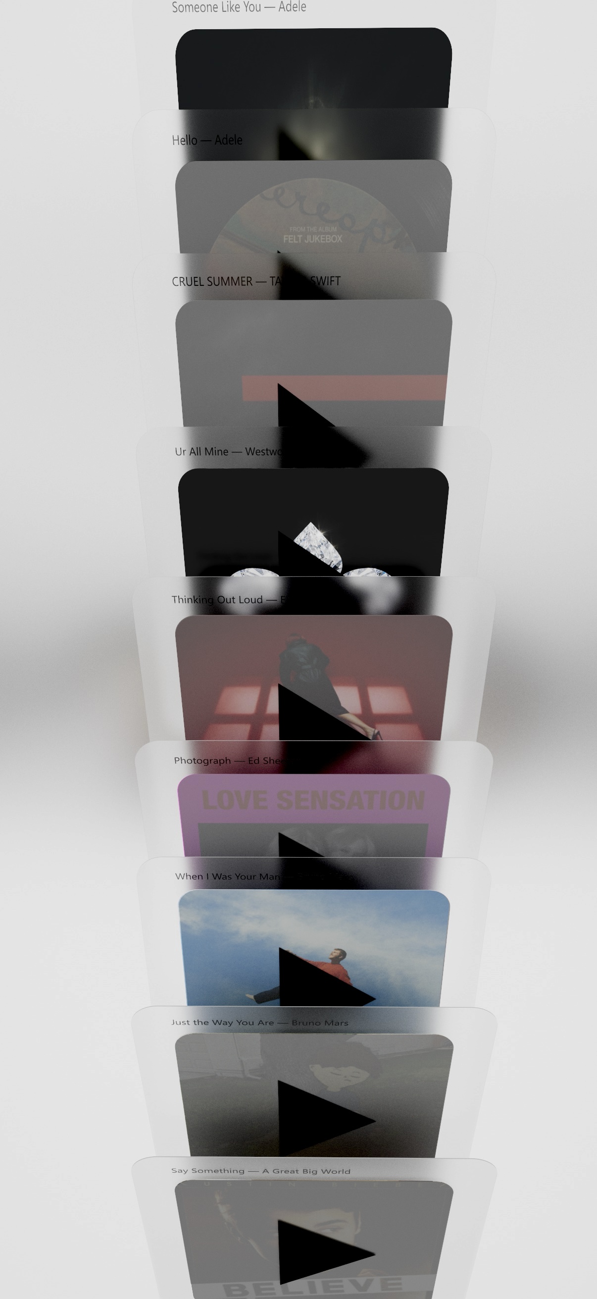 Song cards arranged continuously along spatial depth