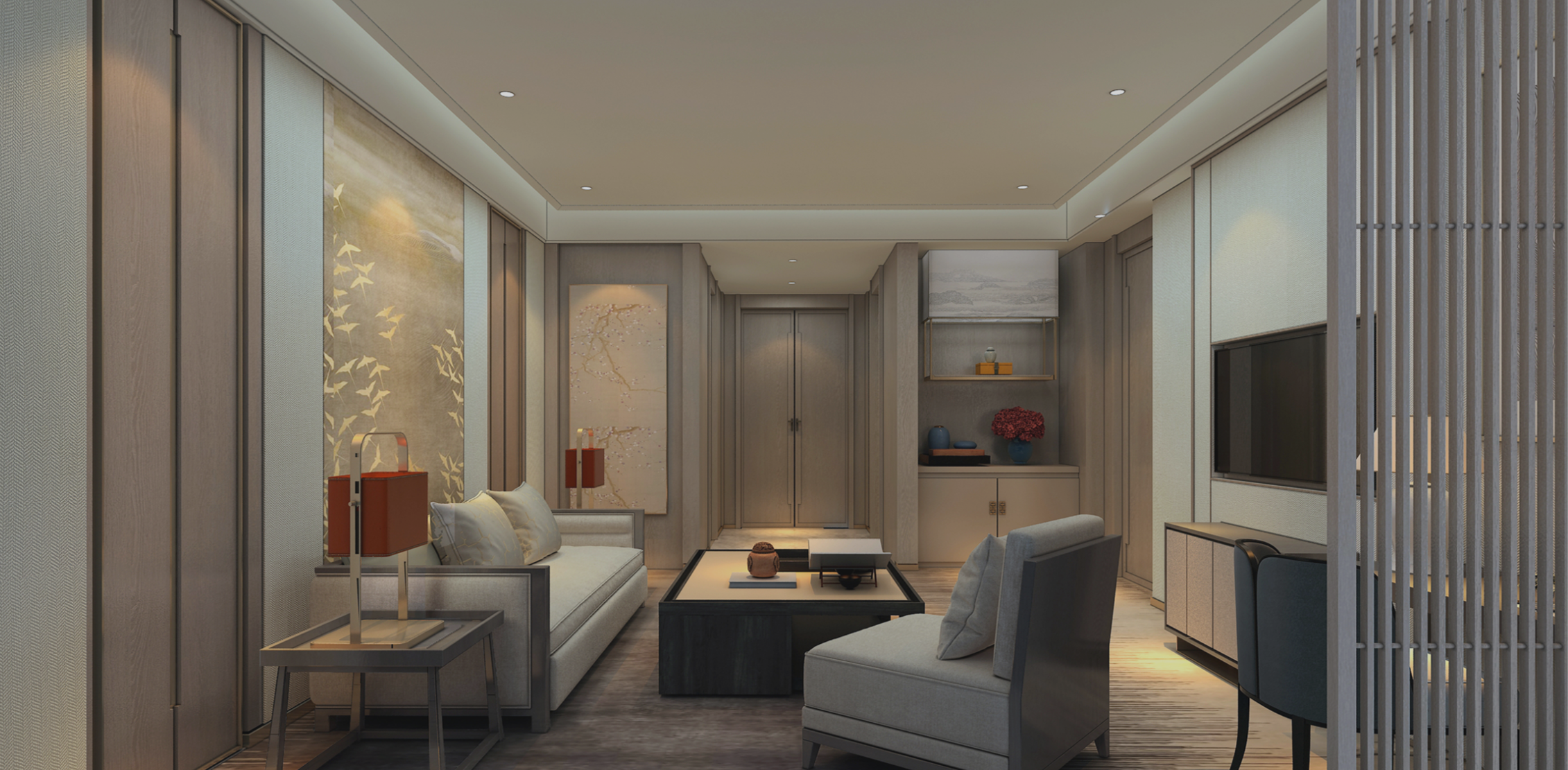 Radisson Hotel guest room with neutral furniture and warm lighting