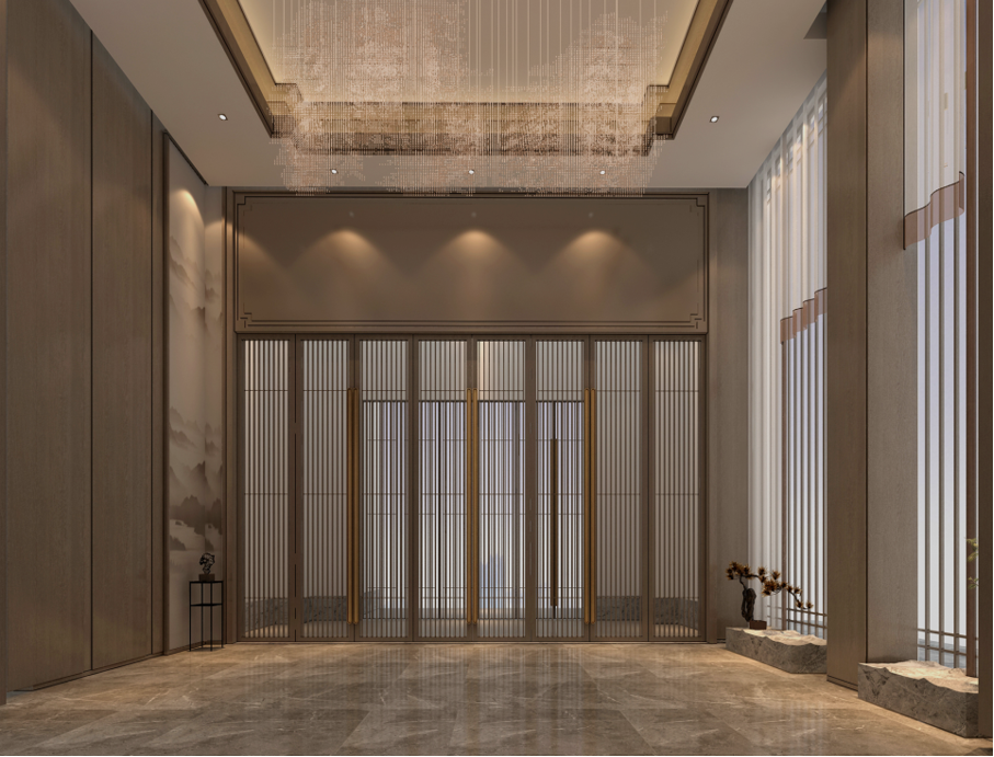 Radisson Hotel arrival hall with decorative ceiling and screened doors