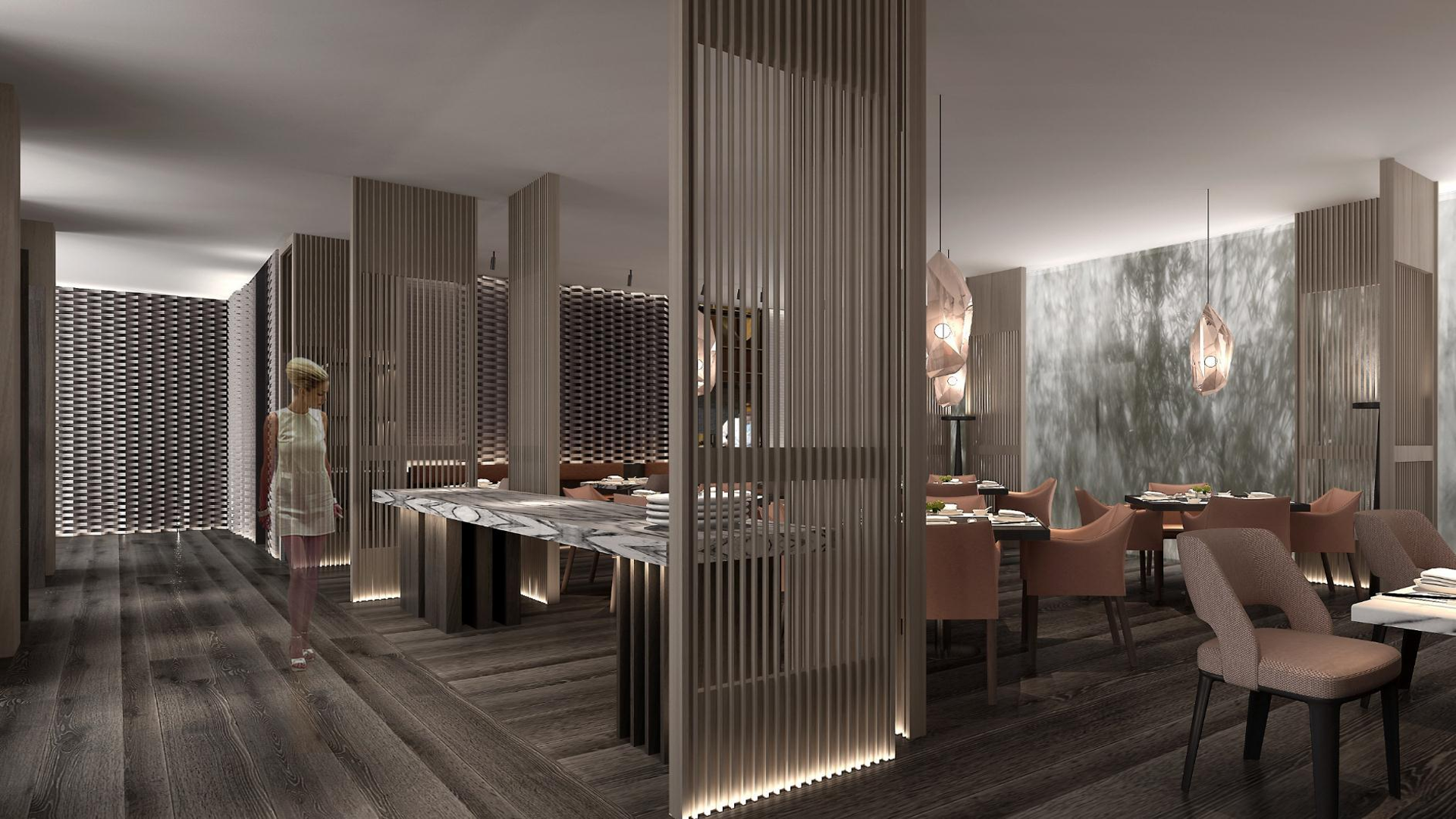 Yitong Hotel front hall with timber screens and dining seating