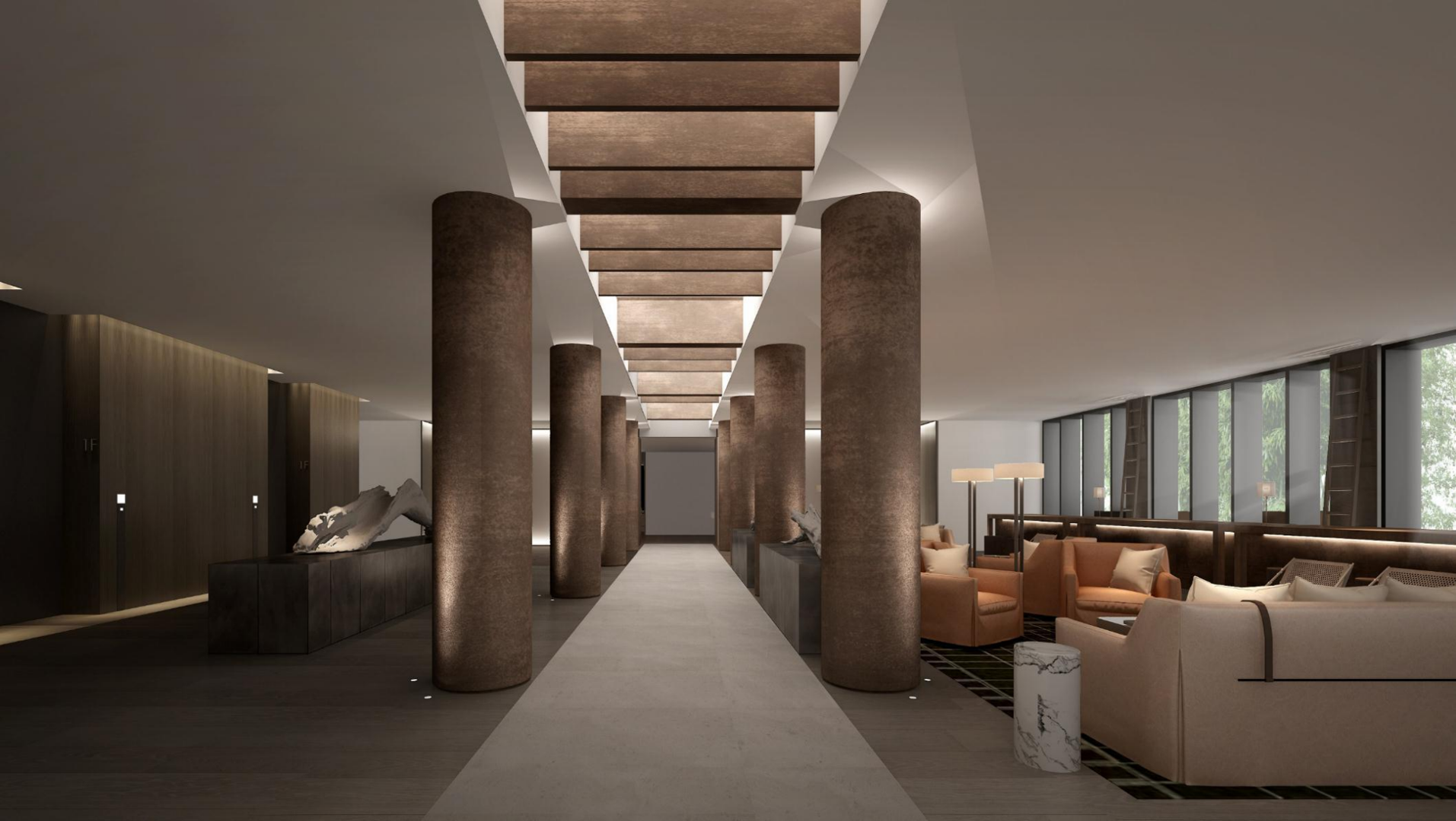 Yitong Hotel lobby corridor with warm columns and seating